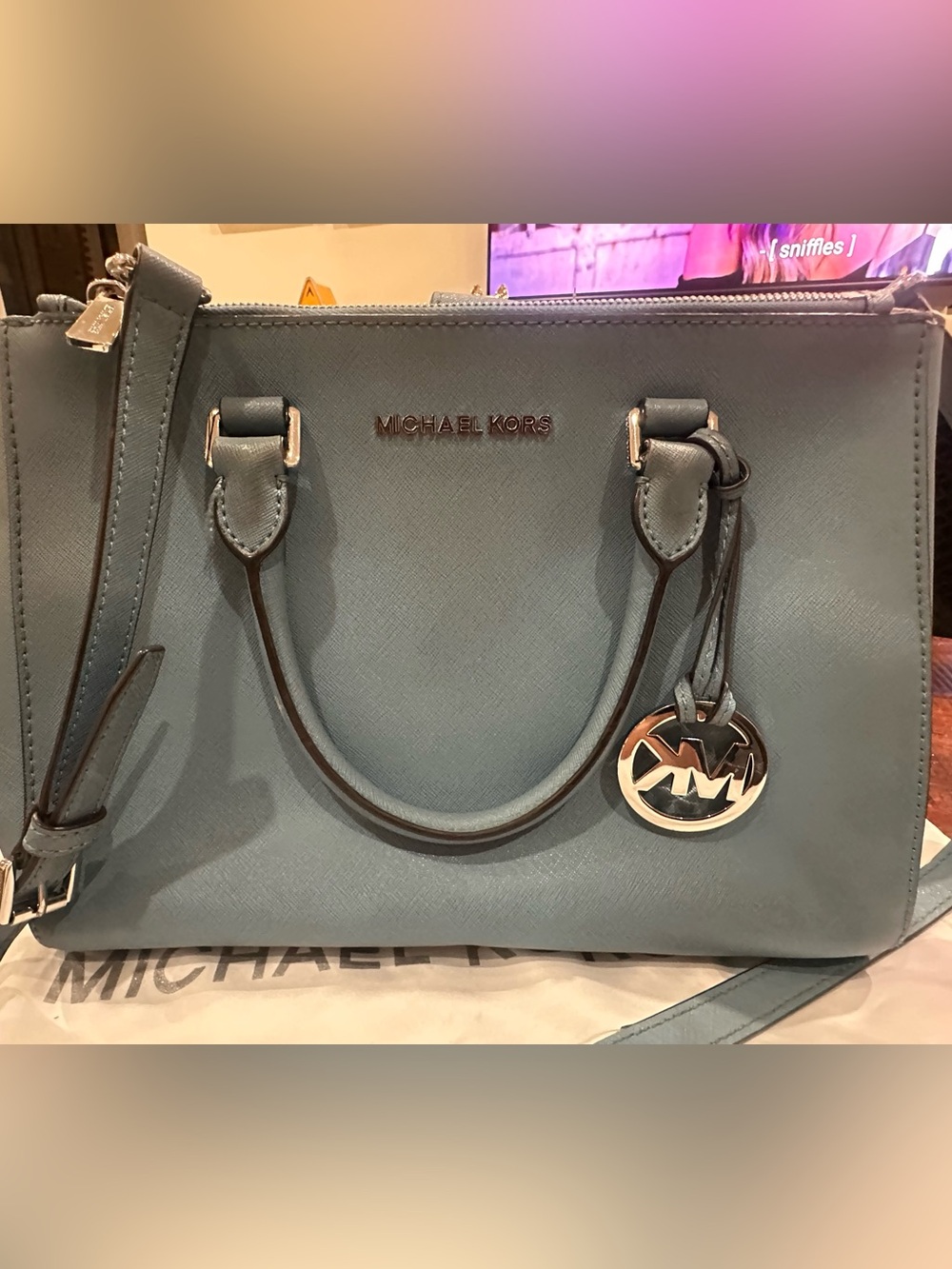 Michael Kors Light Blue Saffiano Leather Satchel with MK Charm